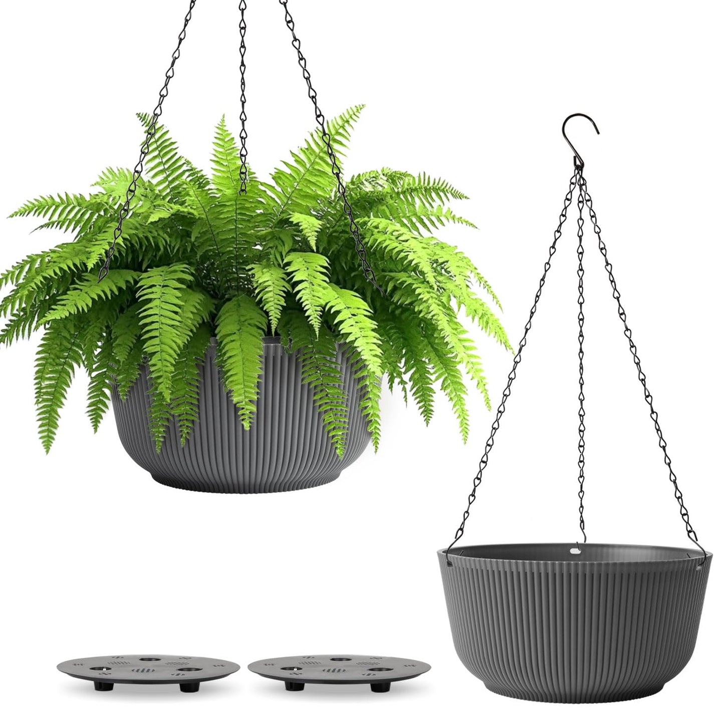 T4U 8 Inch Hanging Planters for Indoor Outdoor Plants, Self Watering Hanging Pot Pack of 2, Hanging Pots with Drainage Hole & Plug & Chain with 3 Hooks for Garden Home Decor, Grey