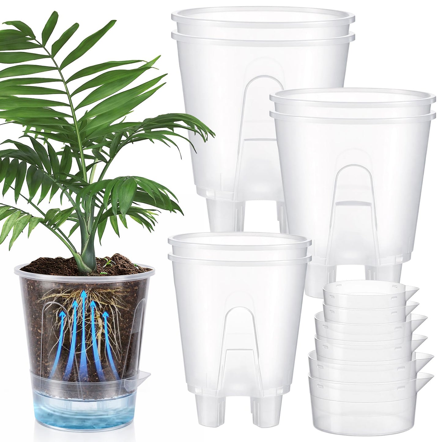 Wonderjune 6 Pcs Self Watering Plant Pots, 4.72''/ 5.91''/ 7.09'' Nursery Pots with Deep Reservoir & High Drainage Holes for Outdoor Plants and Flowers, Bare Root Planter(Clear)