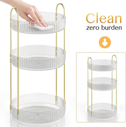 Rotating Makeup Organizer Countertop,Skincare Organizers,Spinning Perfume Tray Stand,Makeup Storage Organizer for Vanity,Bathroom Organizer and Storage,Lazy Susan,3 Tier,Clear