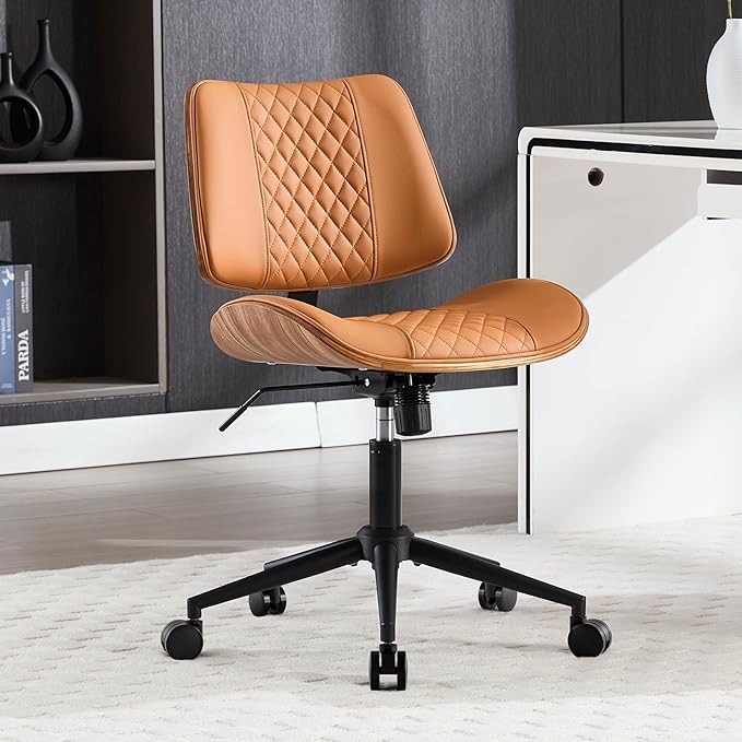 Home Office Chair No Arms with Wheels, Adjustable Height PU Leather Mid Back