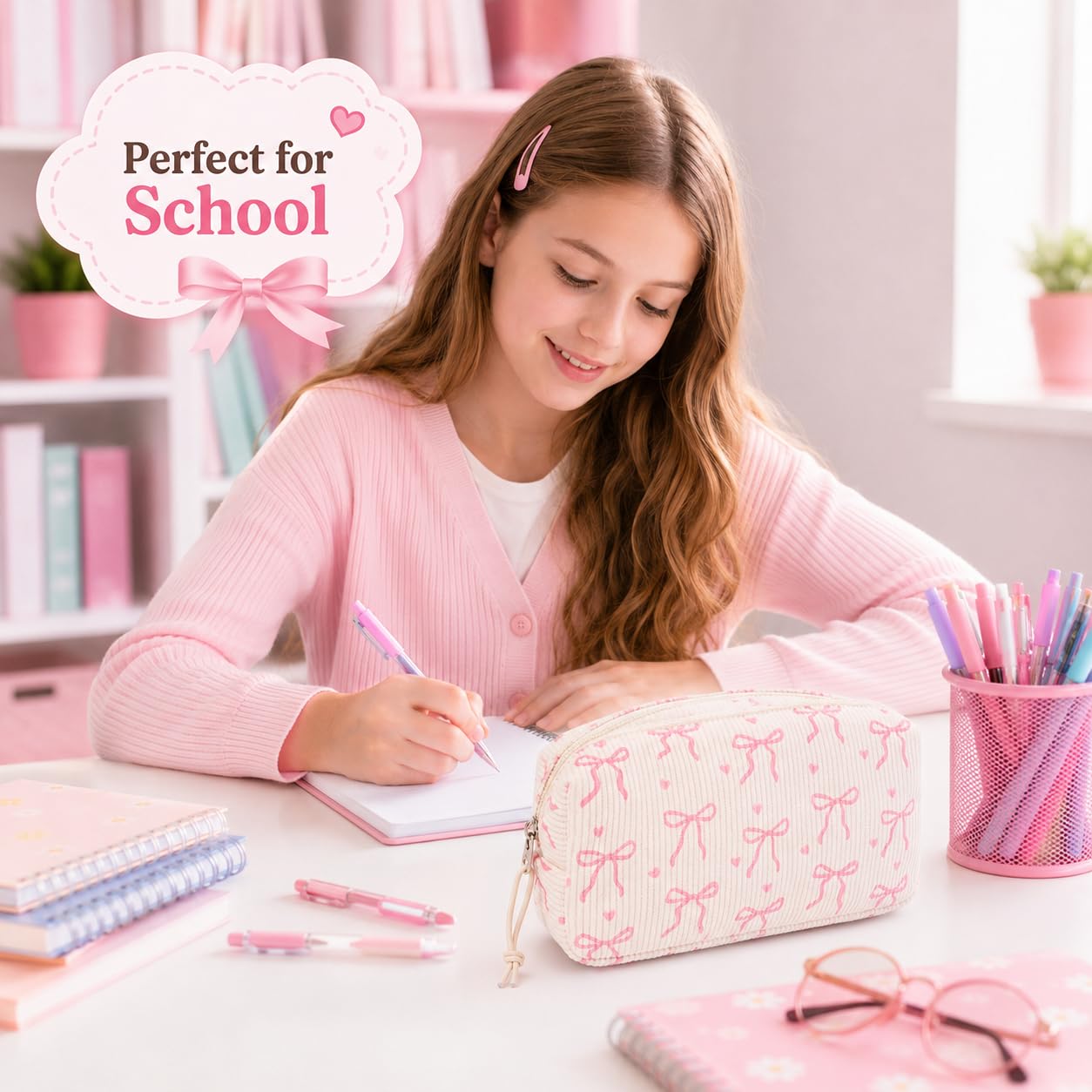 LEDAOU Cute Pencil Case for Kids Girls Boys Pencil Pouch kawaii Pen Pencil Box Bag Holder for School Students (Corduroy Pink Bow)