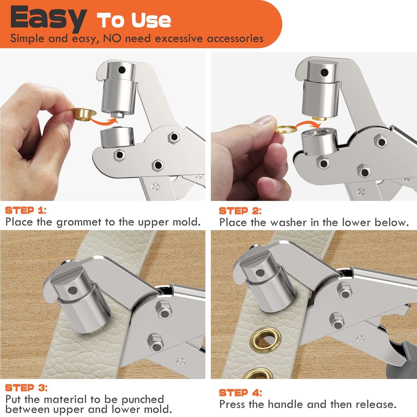 Grommet Kit NEU MASTER, Grommet Tool Kit 3/8 Inch Grommets Eyelet Plier Set with 500pcs Eyelets, Handheld Eyelet Kit Hole Punch Pliers Grommet Press Kits for Fabric Tarps Leather (10mm Grommets)