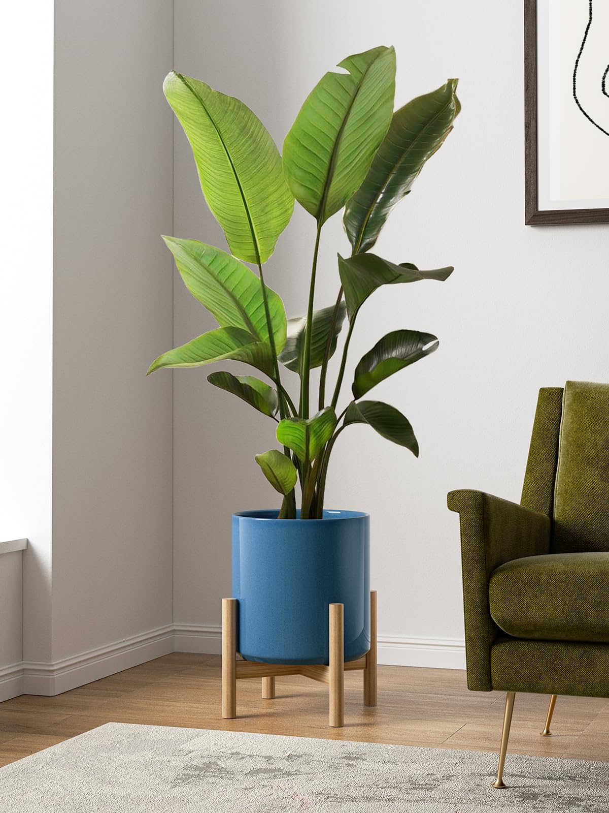 LE TAUCI 12 Inch Pot for Plants, Ceramic Planters for Indoor Plants, Mid-Century Modern Cylinder Flower Pots with Drainage Hole, Fits Fiddle Leaf Fig & Monstera, Home Decor, Harbor Blue