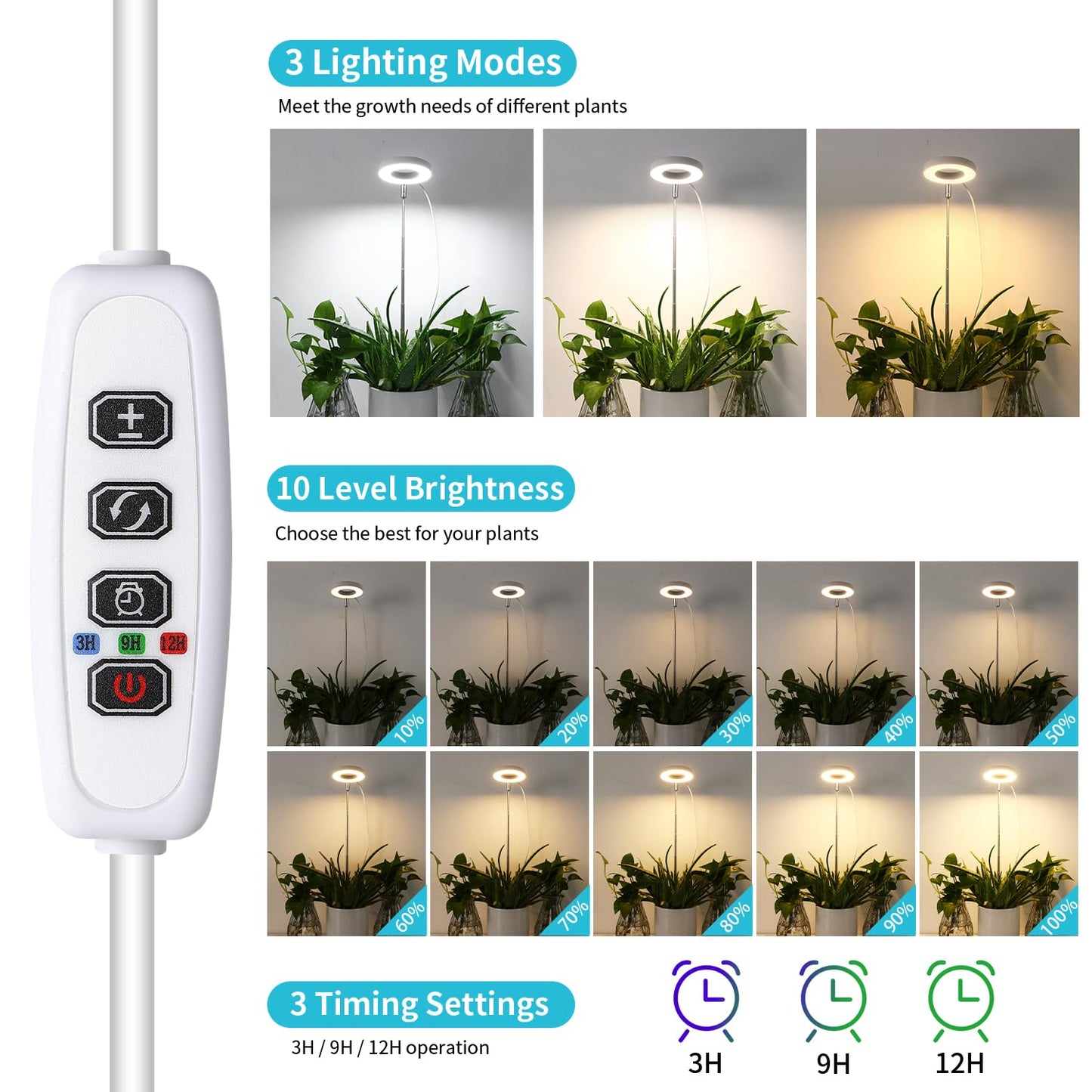 Halo Ring Grow Lights for Small Indoor Plants, Warm+White 96LEDs Full Spectrum Plant Light, Height Adjustable with Adapter, 3/9/12H Timer, 3 Spectral Modes, 10 Dimmable Levels, Angel Ring 2 Pack