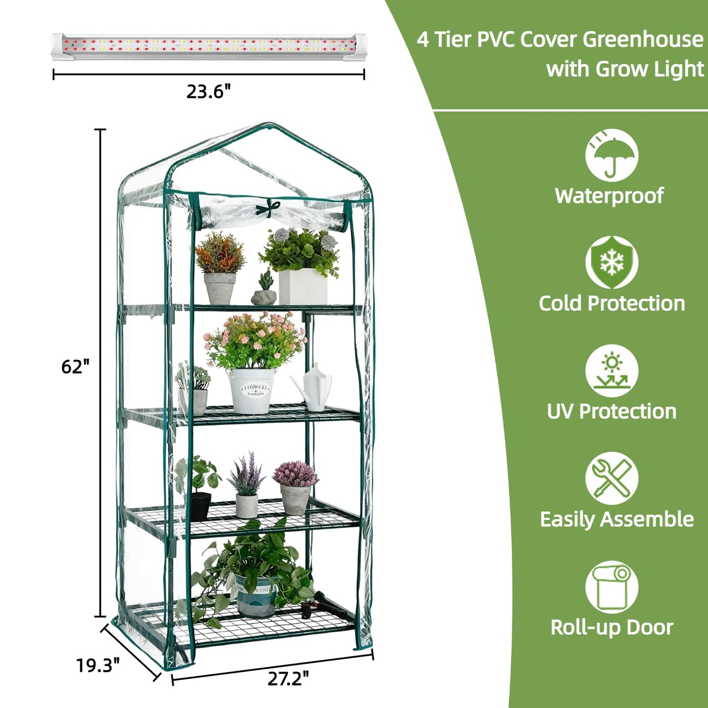 Kelived 4 Tier Indoor Greenhouse with Grow Light Seed Starting Small Portable Green Houses with Waterproof Cover