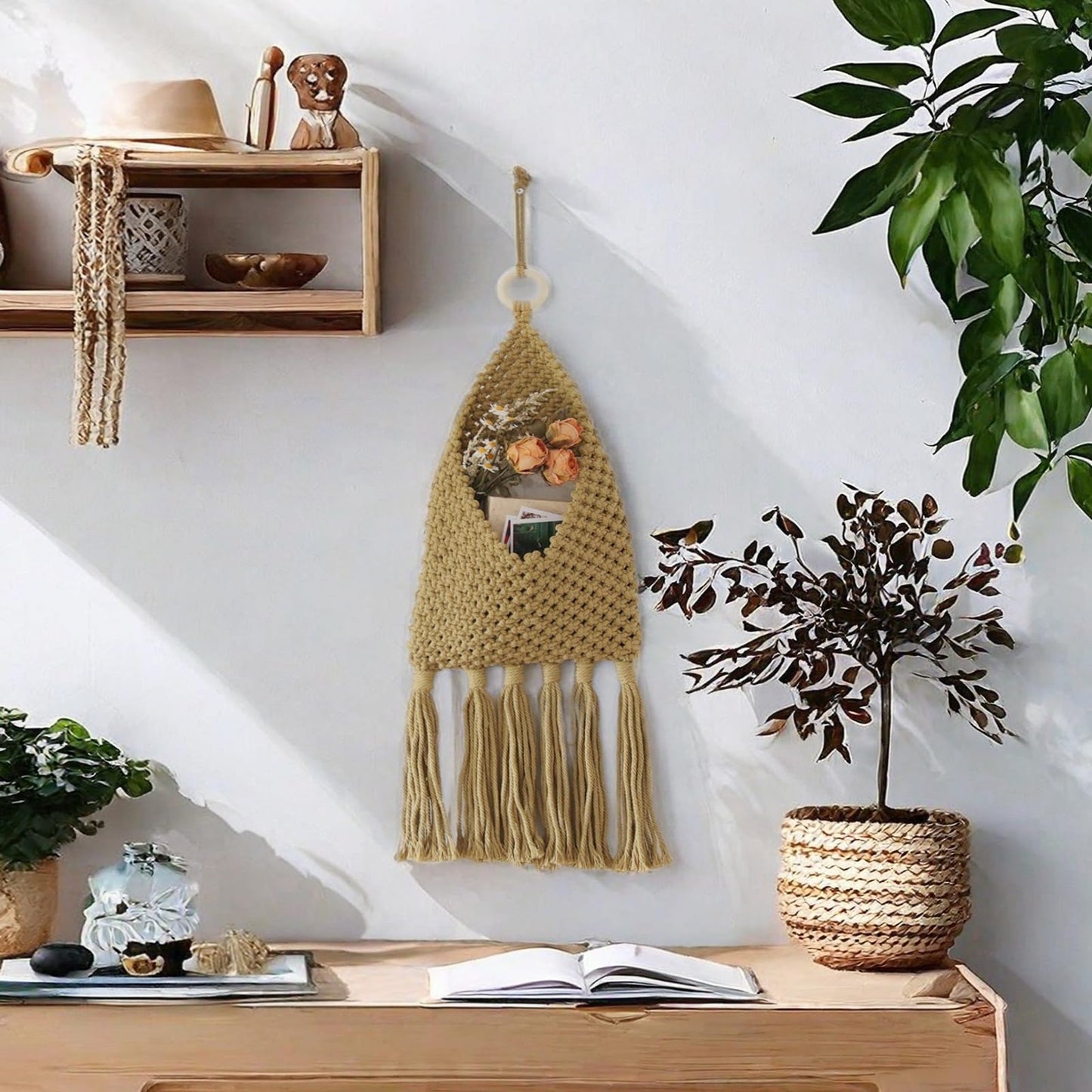 D-werack Macrame Mail Organizer Wall Mounted, Hanging Woven Basket for Boho Home Office Decor, Over the Door Key and Mail Letter Envelope Holder for Entryway Hallway, Olive Green