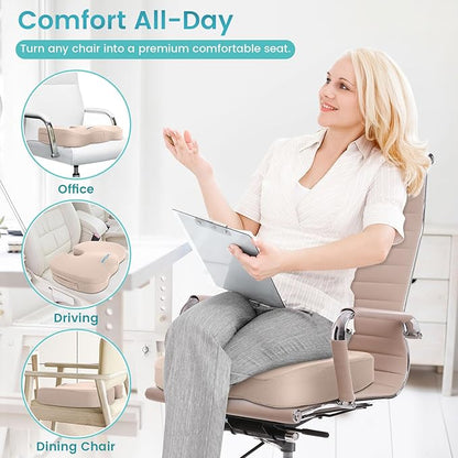 Office Chair Seat Cushion, Cooling Gel Enhanced Memory Foam Cushion for Long Sitting - Back, Sciatica, Coccyx, Tailbone Pain Relief Pillow - for Office, Gaming, Car, Wheelchair - Khaki, X-Large