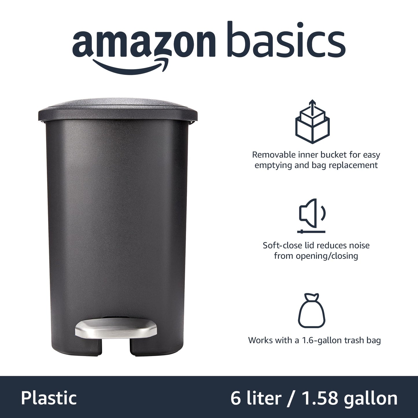 Amazon Basics Compact Plastic Bathroom Trash Can with Soft-Close Lid, Hands-Free Foot Pedal, Removable Inner Bucket, 6L / 1.6 Gallon, Black