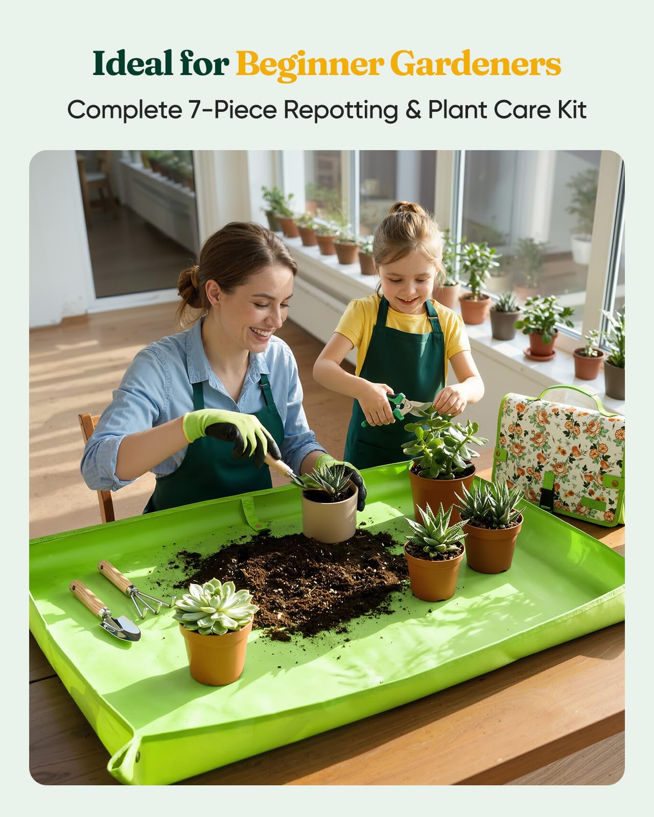 Grenebo 7-Piece Gardening Tools Set, Gift for Women, Beginners, Tools Kit with Plant Repotting Mat & Tool Bag, Stainless Steel Gardening Hand Tools for Indoor Transplanting, Succulent Bonsai Plants