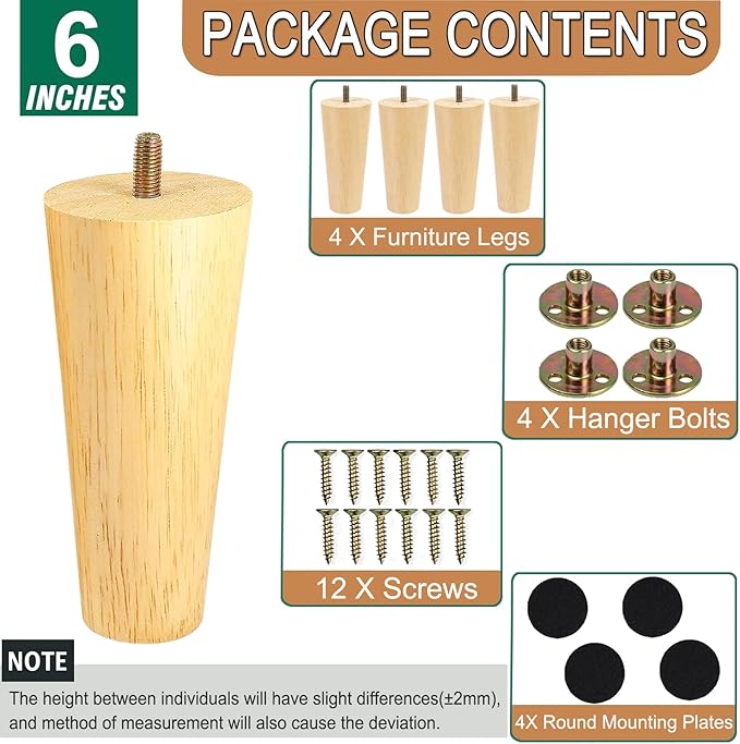 Yaliuliu 6 Inches Round Solid Wood Furniture Legs Set of 4, Natural Wooden