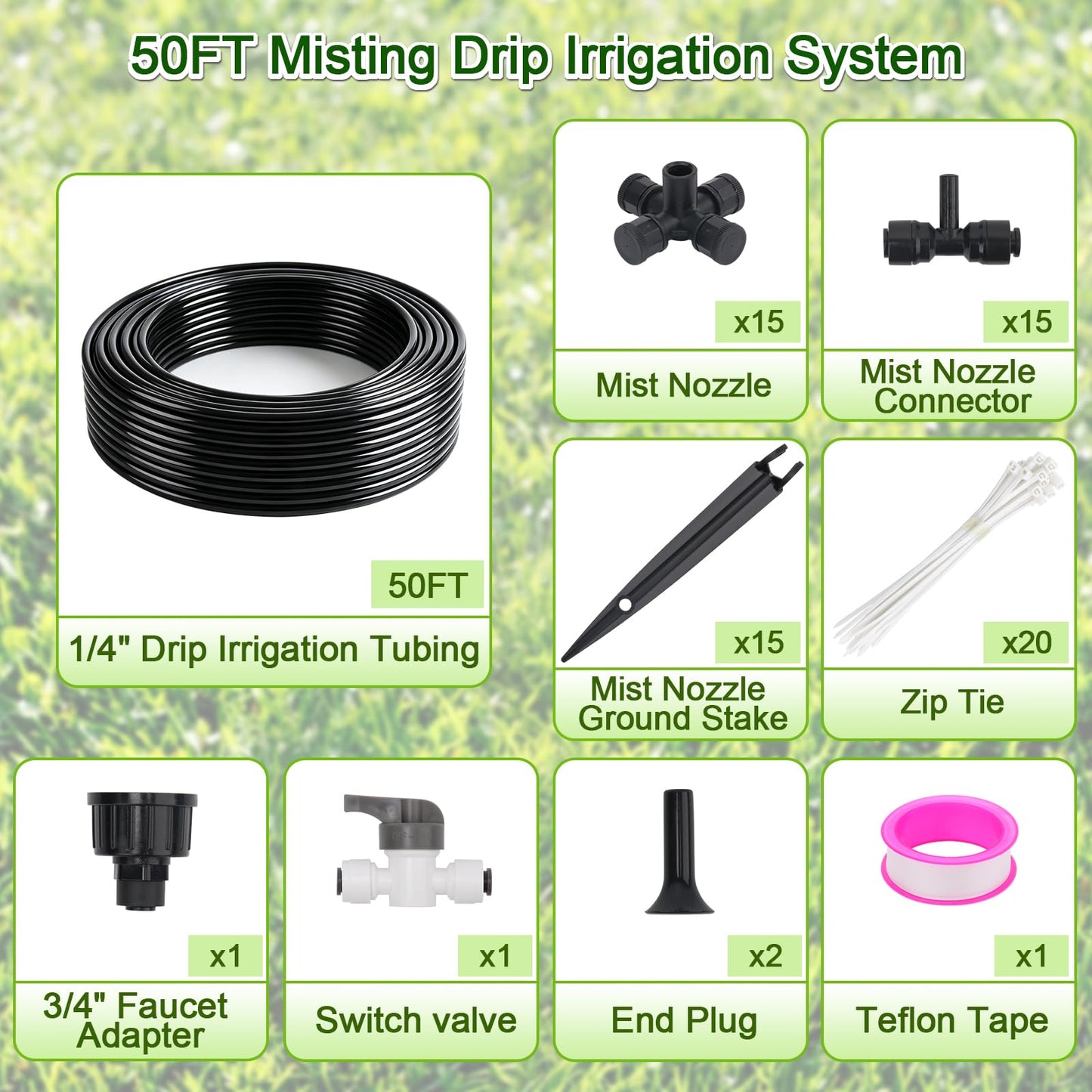 50FT Drip Irrigation System Kit, Garden Watering System with Quick Connectors 1/4 inch Drip Tubing & Quick Connect Fittings Adjustable Mist, Watering System for Outdoor Plants