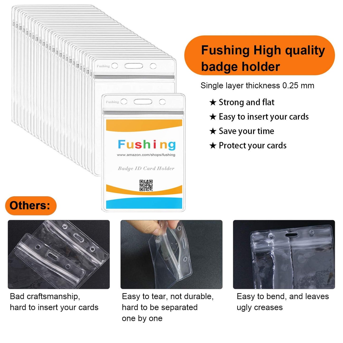 Fushing Pack of 50 Clear Plastic Vertical Badge Holders, Name Tag Holders, Card Holders (L)