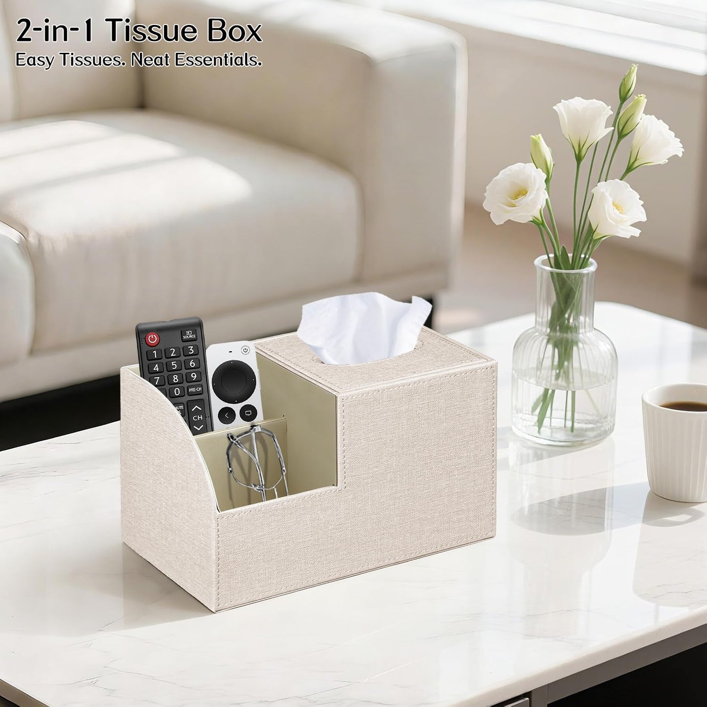 Fanousy Square Tissue Box Cover with Storage, PU Leather Cube Tissue Box Holder, Remote Control Nightstand Organizer, Modern Desk Caddy for End Table, Bathroom, Bedroom, Home, Office Decor
