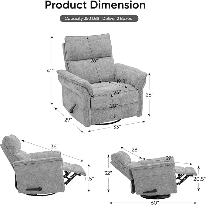 Rocking Chair Nursery with Adjustable Headrest, Manual Swivel Rocker Recliner