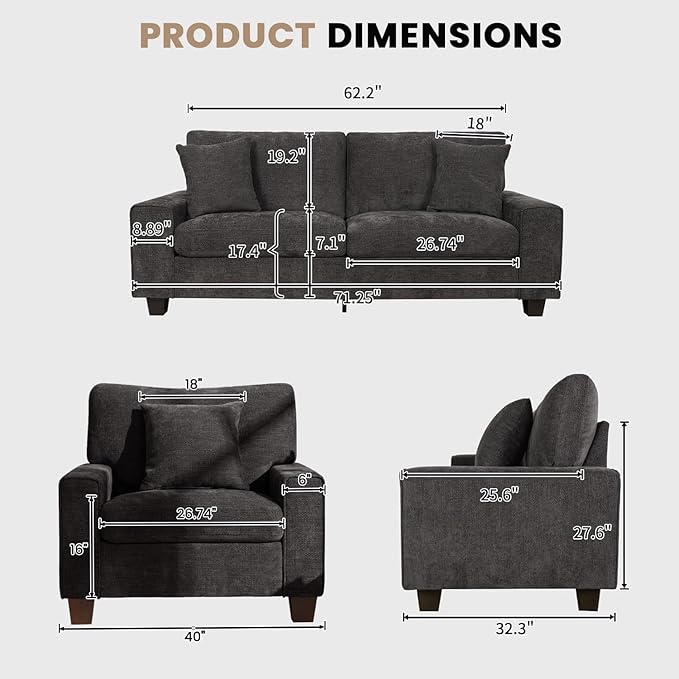 DOPEDIO Modern Living Room Sofa Set, 71.25" Chenille Loveseat