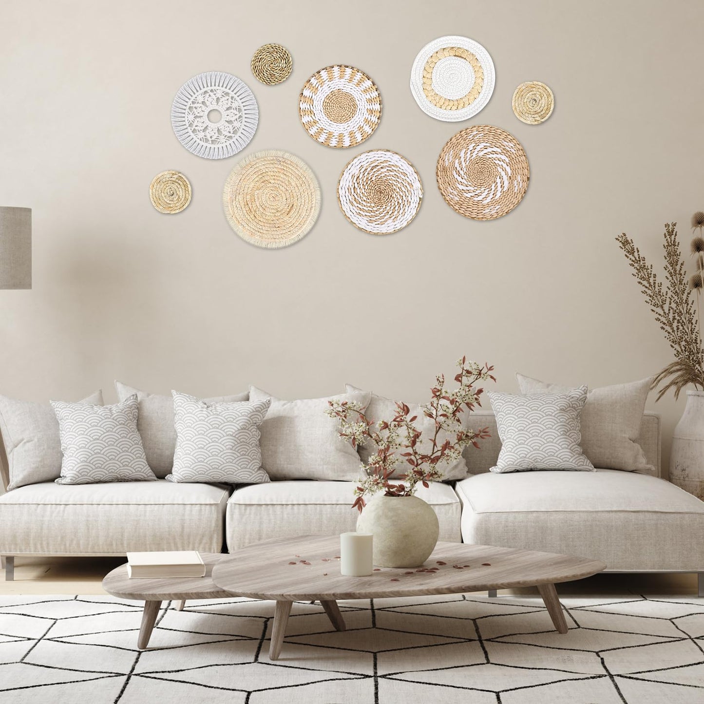 MJOGGOTT 9 Pcs Boho Wall Basket Decor Hanging Woven Wall Basket Art Decor Rattan Wicker Seagrass Home Round Tassels White Macrame Tapestry Baskets Decoration for Kitchen Home Farmhouse Decoration