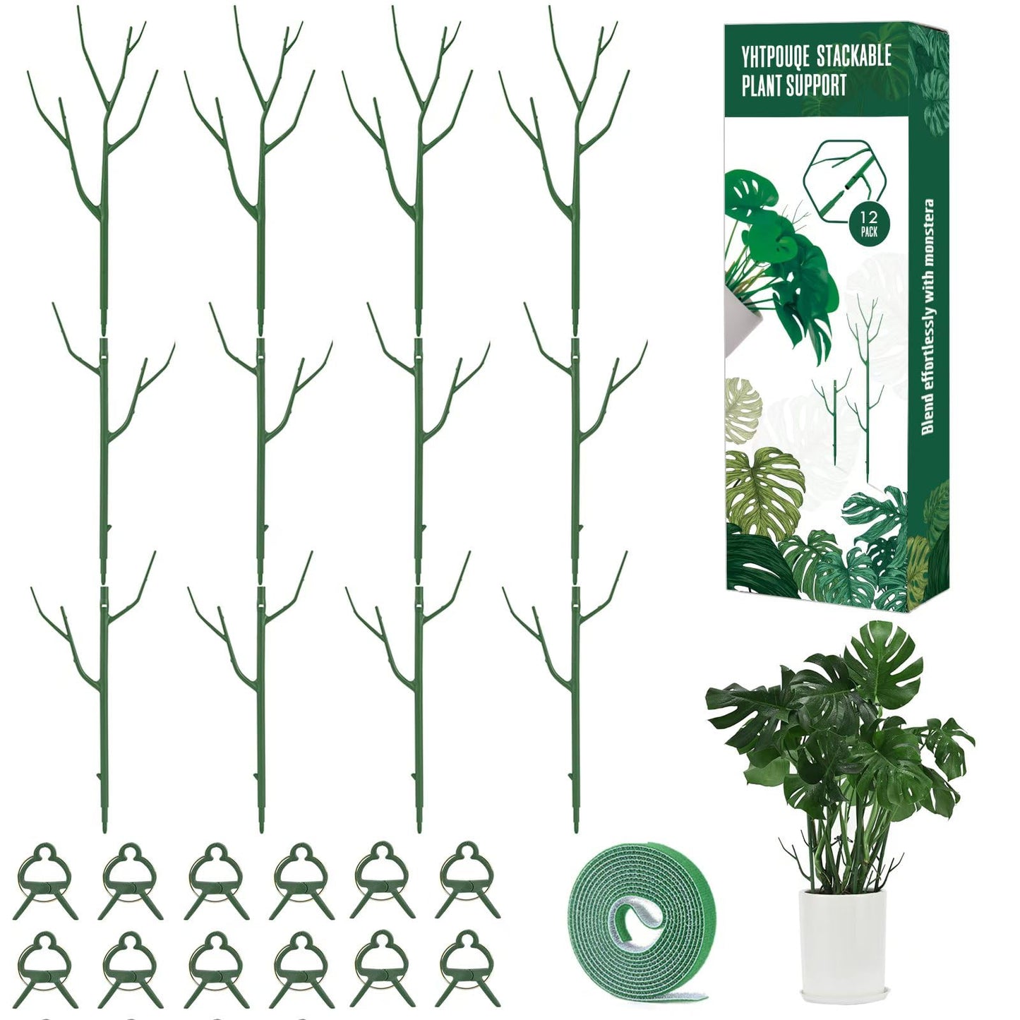 Yhtpouqe 12 Pack Plant Support Stakes, Plant Stakes for Indoor and Outdoor Plants. 39.37inch Plant Sticks with Extension Poles, Plant Clips, Plant Ties for Potted Monstera Plants, Climbing Plants