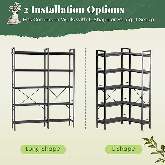 Huuger 5 Tier Bookshelf, L Shaped Corner Bookshelf