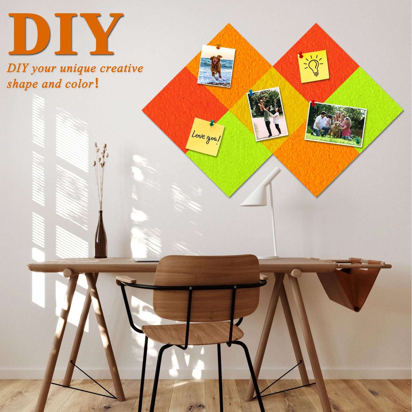 HULAVO Square Felt Cork Bulletin Board Tiles, Self Adhesive DIY Felt Pin Board for Wall 30" x 20" with 35 Pushpins for Office School Home Wall Decor Stickers Memos Photos Display (Gradual Orange)