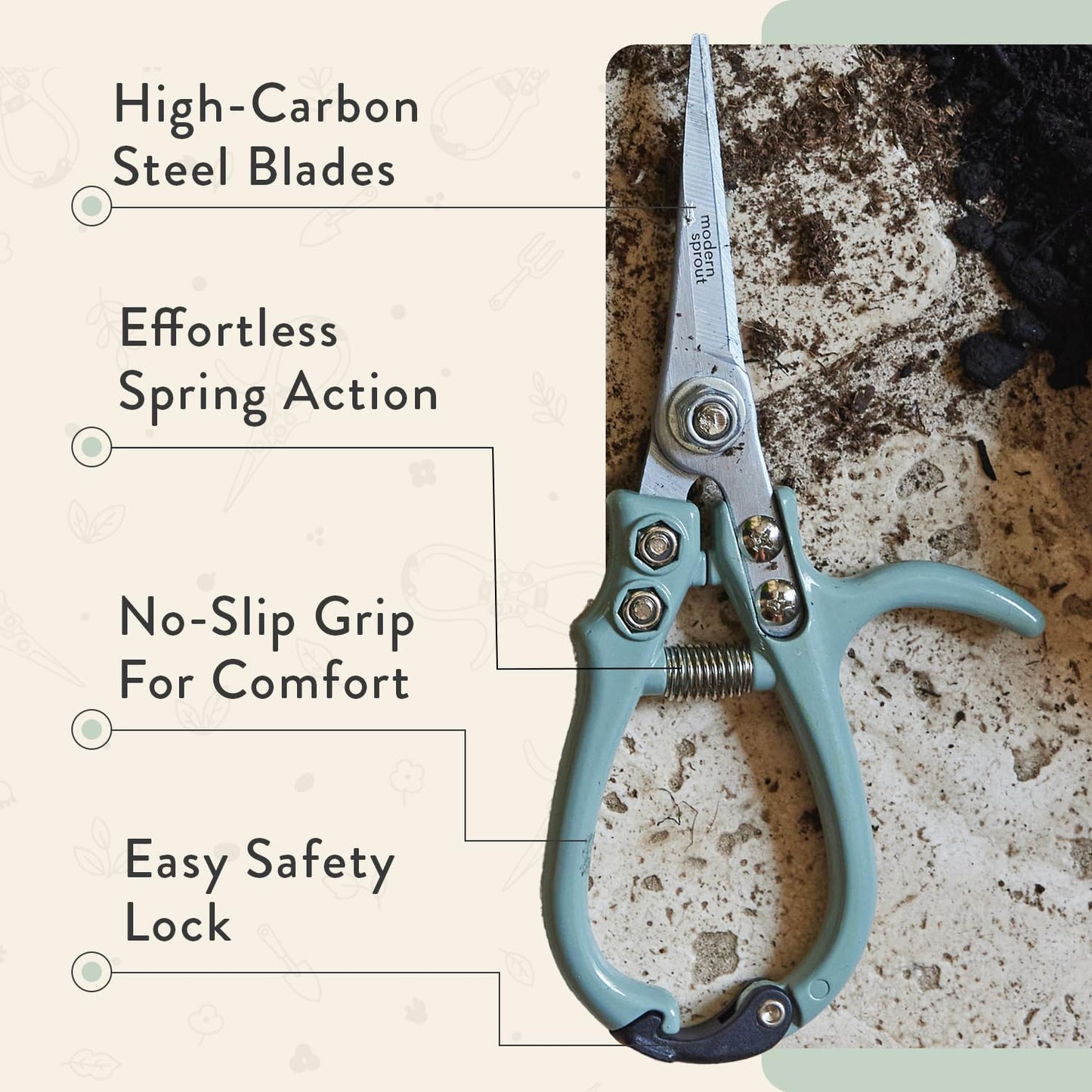 Modern Sprout Pruning Shears - Herb Snipping Scissors- Lightweight Gardening Tools W/Easy Lock - Flower Cutter Garden Shears - Carbon Steel Blade + Reusable Holster (Sage, 1-Pack)