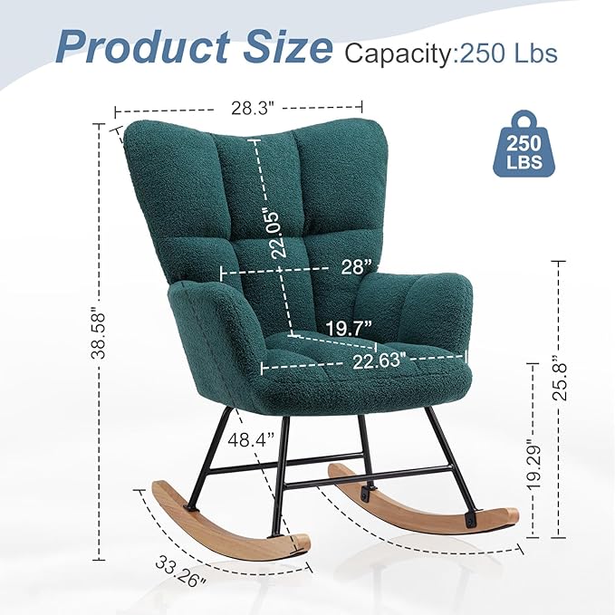 DUMOS Rocking Chair with Wing Backrest, Teddy Comfy Upholstered Indoor Reading