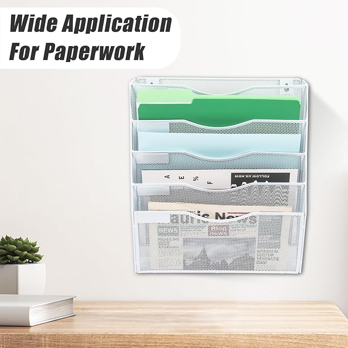 EASEPRES 5 Pocket Mesh Hanging Wall File Organizer, Wall Mounted Mail Paper Document Folder Holder, Clipboard Storage Organization Magazine Rack with Nametag Label for Office Home School, White