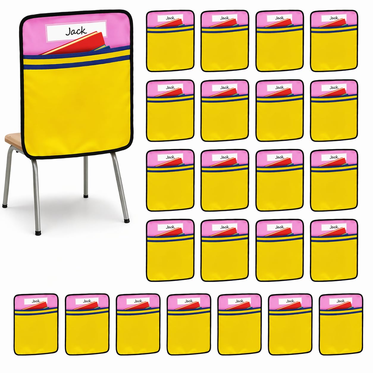 24Pcs 17 * 19 Inch Classroom Seat Back Organizer, Back to School Chair Pockets with Name Tag, Chair Hanging Bag Seat Sacks Suitable for Families Kindergarten Primary School After-School Care Room