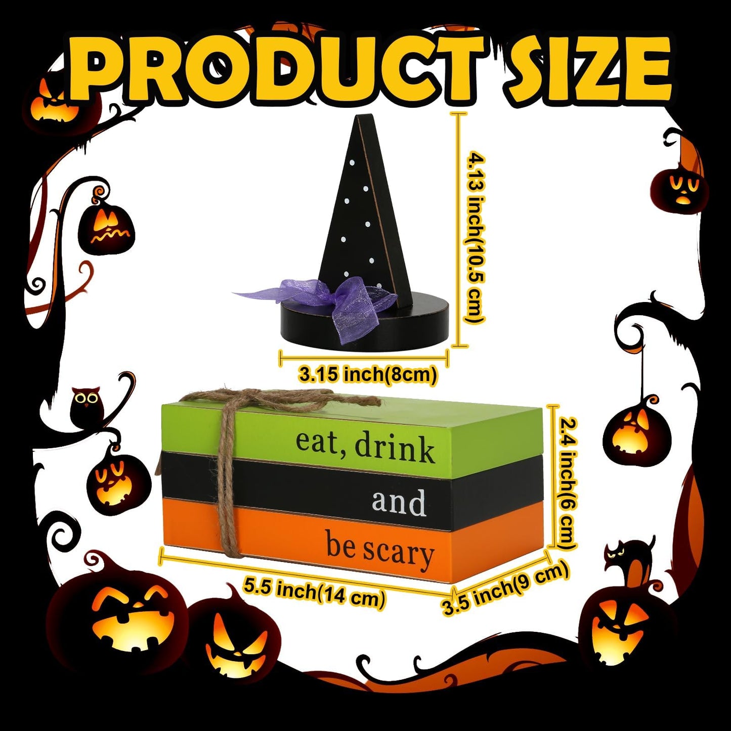 Halloween Decorations 4PCS Table Centerpieces, Cute Tabletop Halloween Decor for Tiered Tray Shelf Mantel Fire Place Office Desk Rustic Farmhouse Wood Faux Book Stack and Witch’s Hat Sign