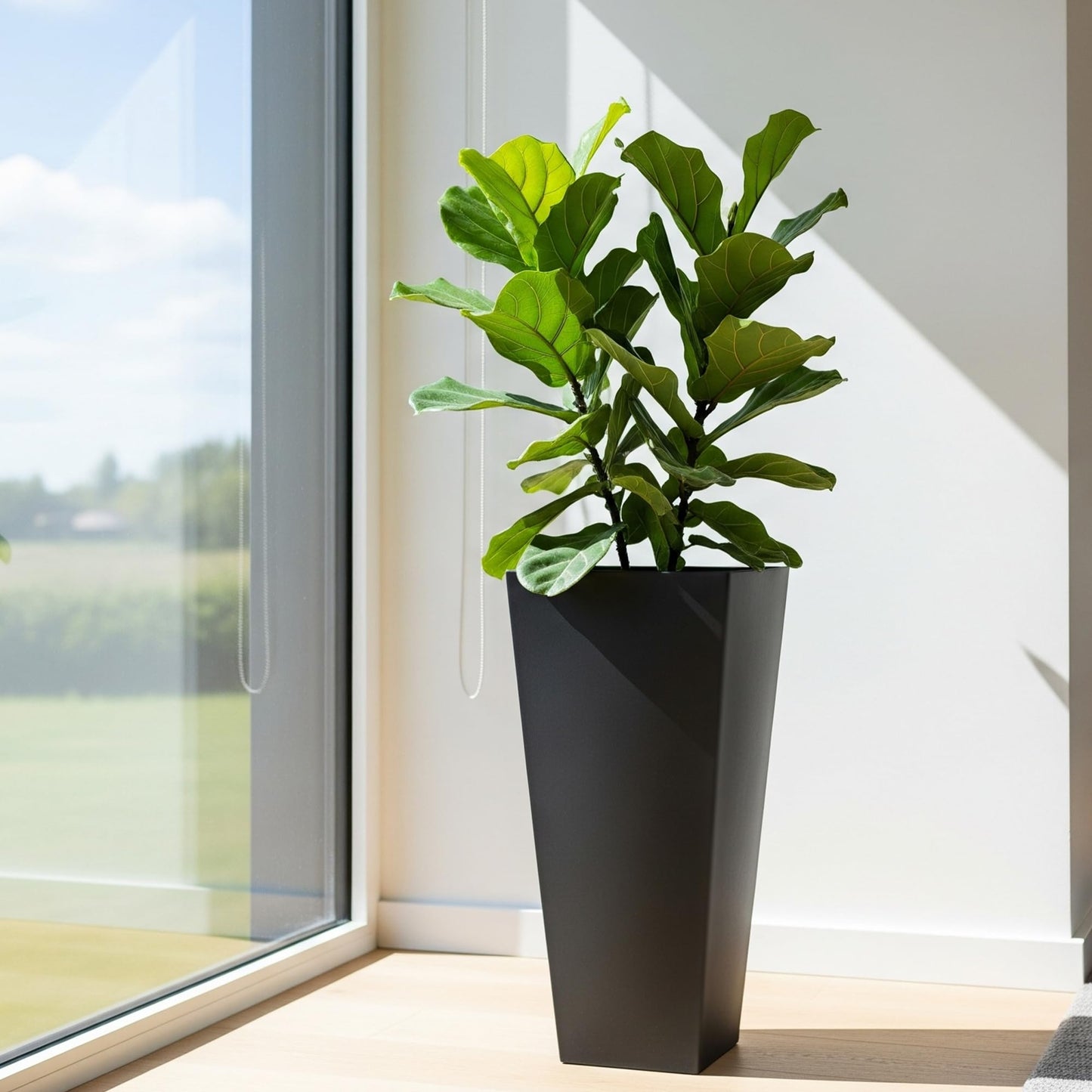 WORTH Garden Large 28 in.Tall Planters Set of 2 for Indoor and Outdoor, Heavy Duty Plastic Black Modern Taper Flower Plant Pots with Drainage Hole and Dual-Purpose Tray for Front Porch, Patio