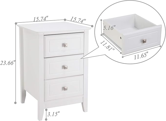 Bonnlo White Nightstand with 3 Drawers, Modern Night Stand