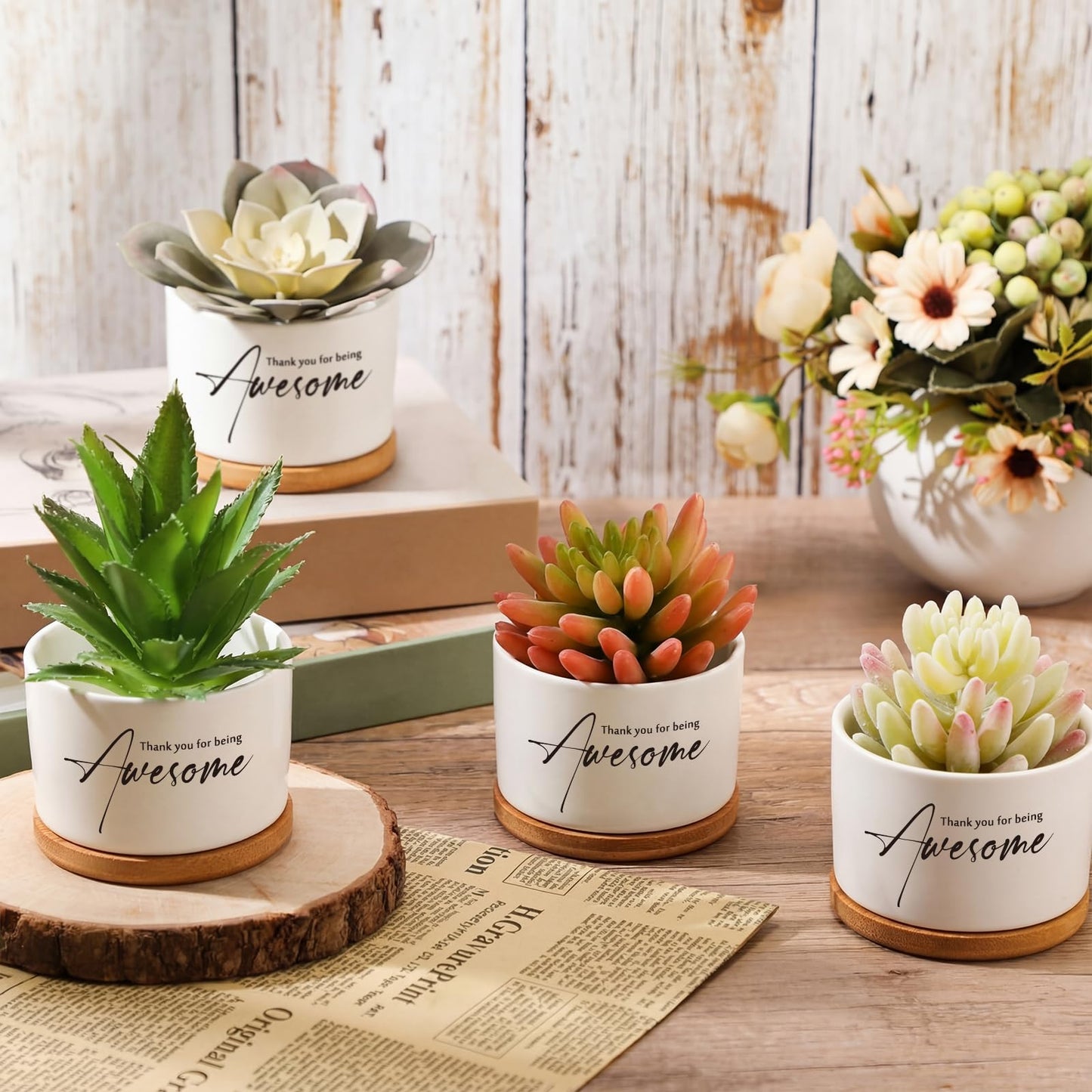 12 Pack Teacher Appreciation Gift Thank You Succulent Ceramic Mini Pots Nurse Week Gift with Bamboo Tray Succulent Planter for Employee Memorial Day Office Team Volunteer Desk Decor, Plants Excluded