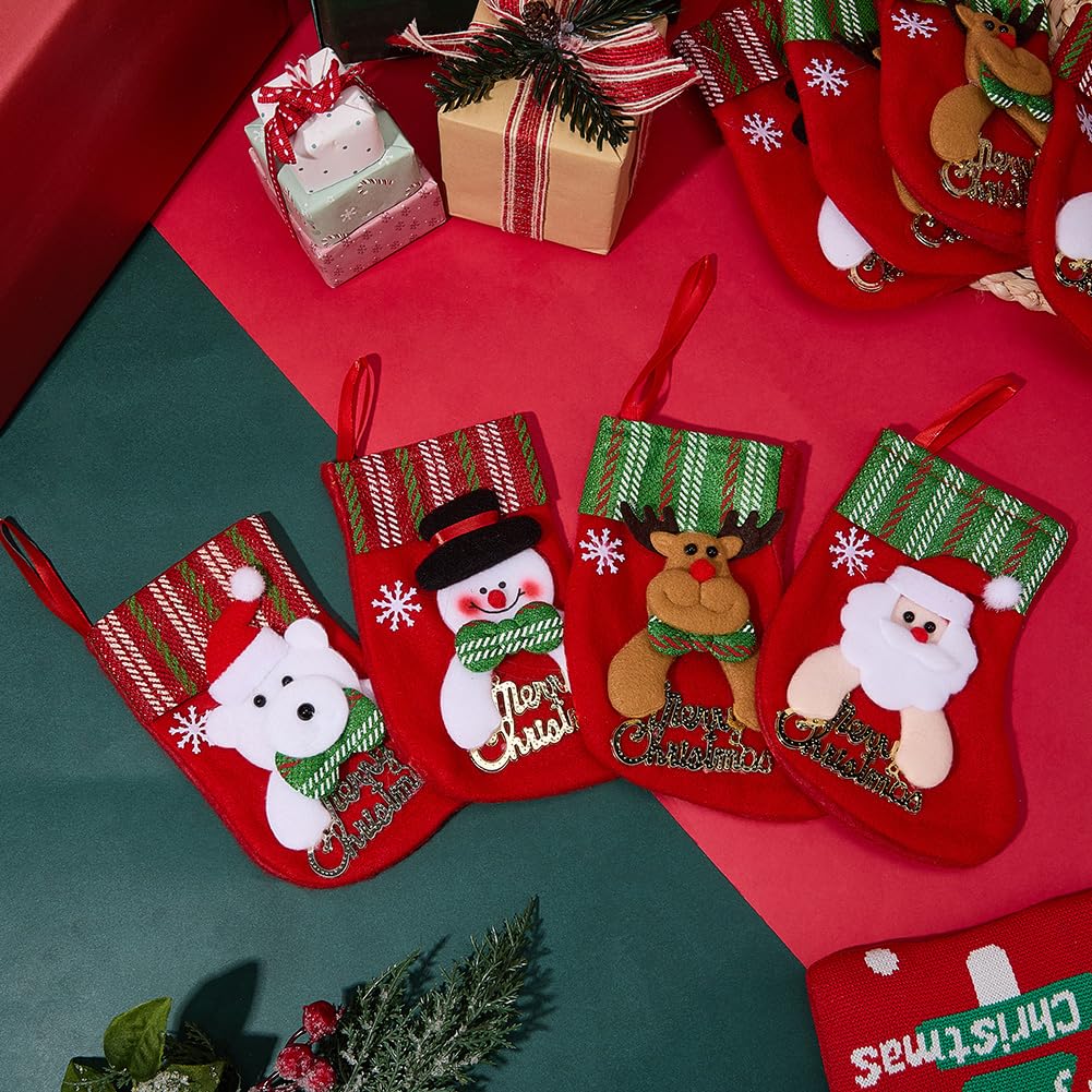 SOFPLATE 4 Styles 12Pcs Mini Christmas Stockings Christmas Hanging Stockings Bulk 3D Plush Santa Snowman Reindeer Bear Decorations for Home Decorations Tree Ornaments Party Favor Supplies Gift Holder