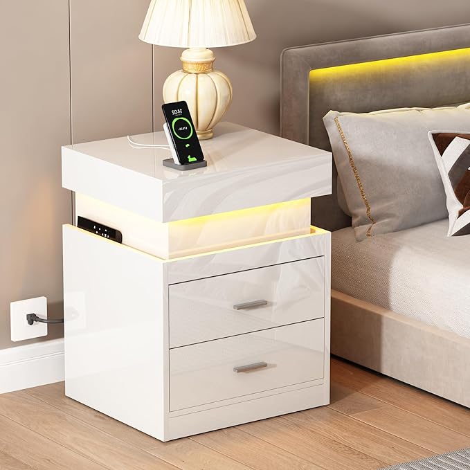 ChooChoo LED Nightstand with Charging Station, Smart Night Stand with Sliding