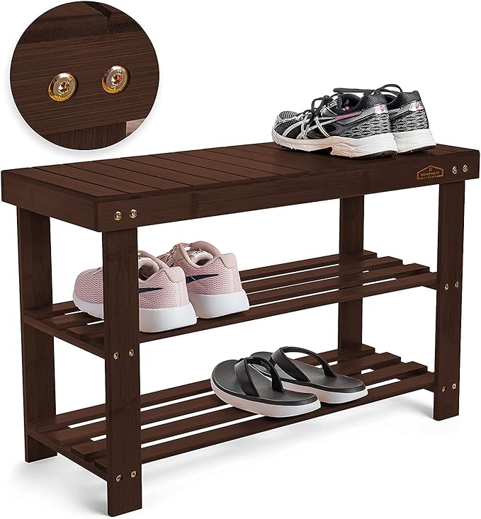 Homemaid Living Bamboo 3 Tier Shoe Rack Bench, Premium Shoe Organizer or