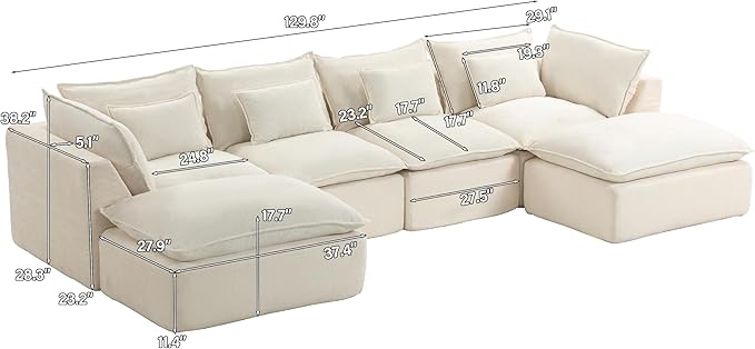 Boneless Couch Sectional Cloud Couch 130'' Oversized Modular Sectional Sofa