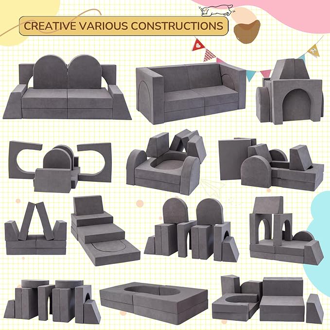 Fvkind 10 Pcs Modular Kids Play Couch, Convertible Sectional Toddler Sofa