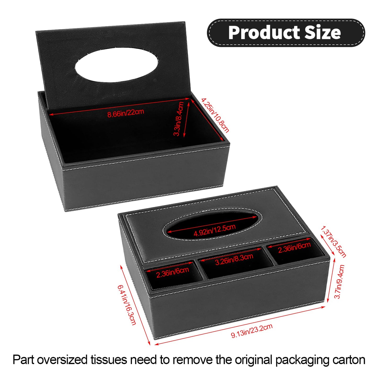 PU Leather Tissue Box Cover, Multifunctional Kleenex Box Covers Rectangular, Desktop Napkin Remote Control Holder, 3 Storage Grids Desk Organizer (Black)