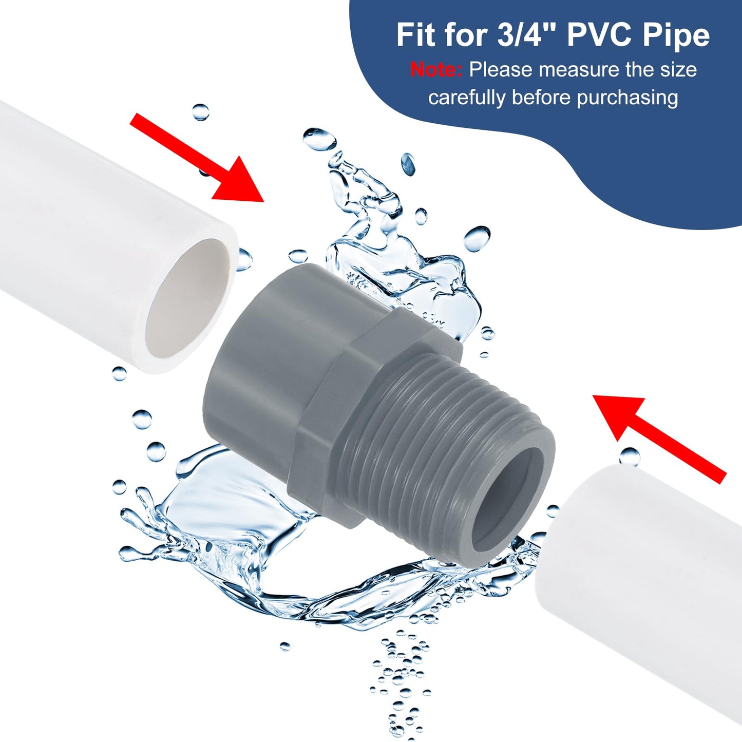 uxcell PVC Male Adapter Pipe Fitting, 10Pcs 3/4" 2-Way PVC Pipe Connectors with Sealant Tape (Socket x Male Thread), Hose Adapter Coupling for Plumbing Water Line (Grey)