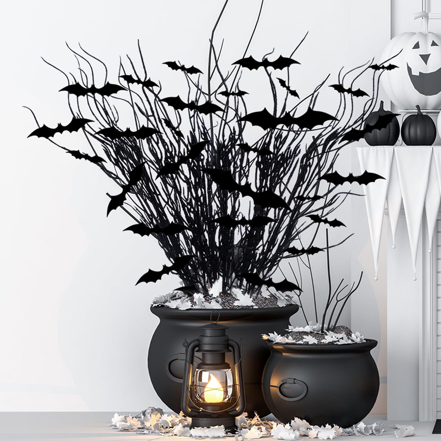Zeyune 20 Pcs Halloween Black Artificial Branches Floral Picks Vase Filler 17.72 Inch Artificial Curly Willow and 3D Bats Wall Decals Sticker Decor Tree Glittery Flowers for Gothic Home