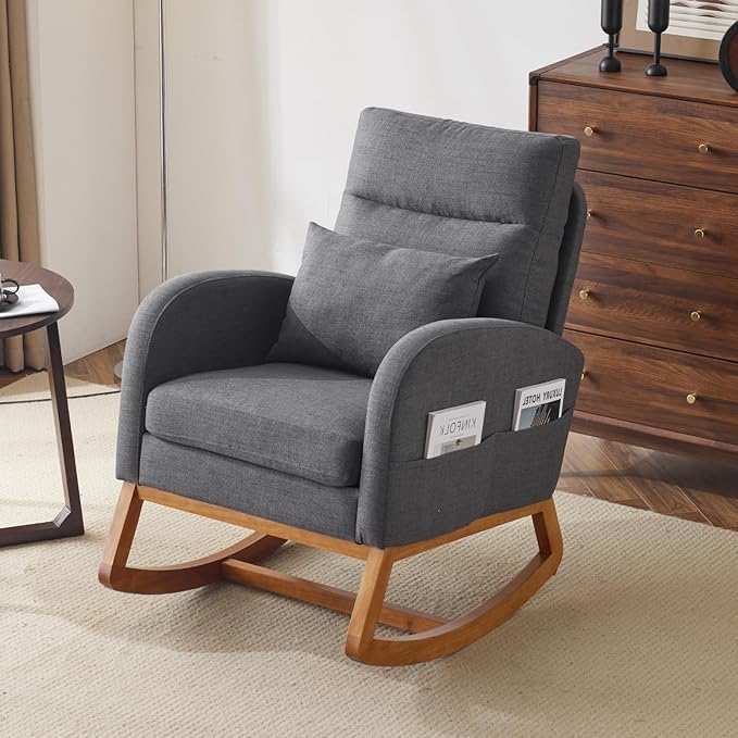 VINGLI Grey Linen Nursery Rocking Chair
