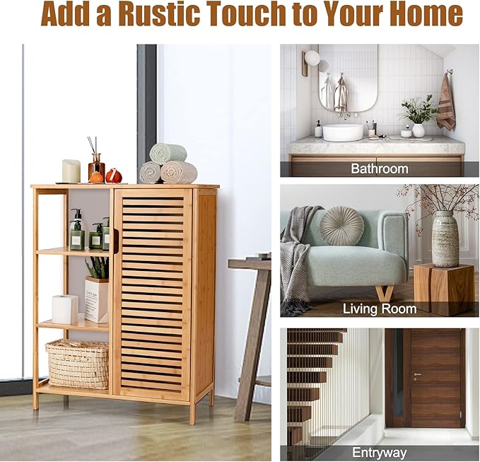 Tangkula Bamboo Bathroom Floor Cabinet, Storage Cabinet