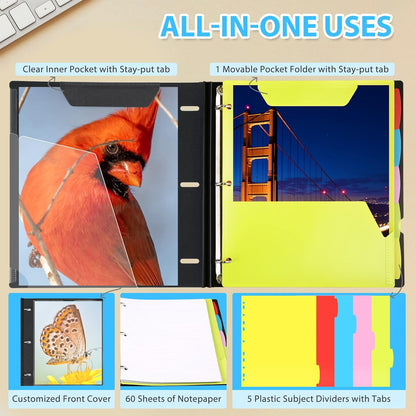 WOT I 2-Pack Telescoping 3 Ring Binder Notebooks - Customizable Cover, 5 Dividers & Pocket Folder in One Slim Organizer (60 Sheets Included), Black