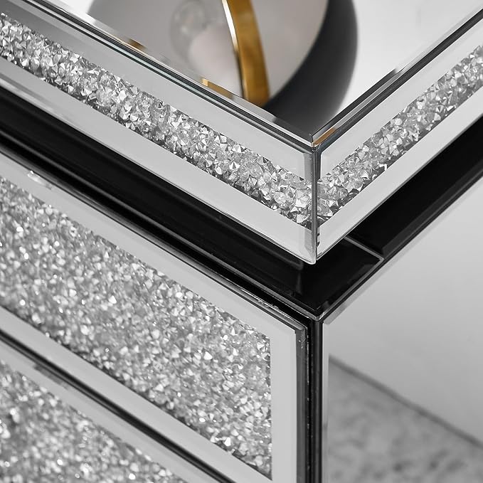 Modern Glam Glass Mirror Nightstand, 3-Drawer Luxury Mirrored Accent Table