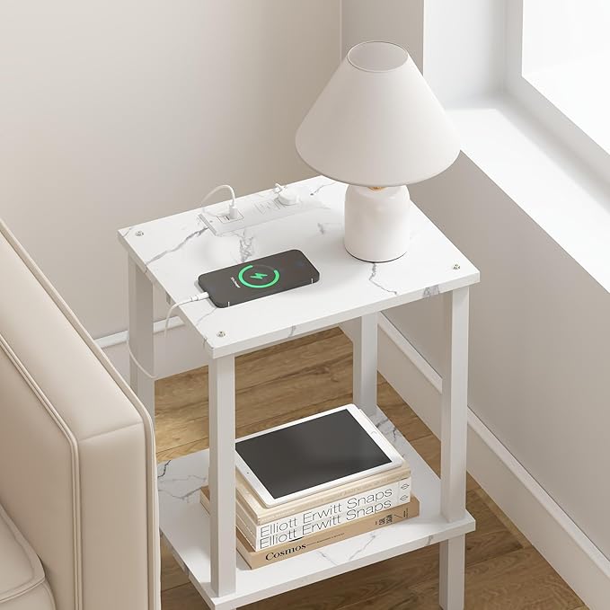 TUTOTAK End Table with Charging Station, Small Side Table, Nightstand Bedside