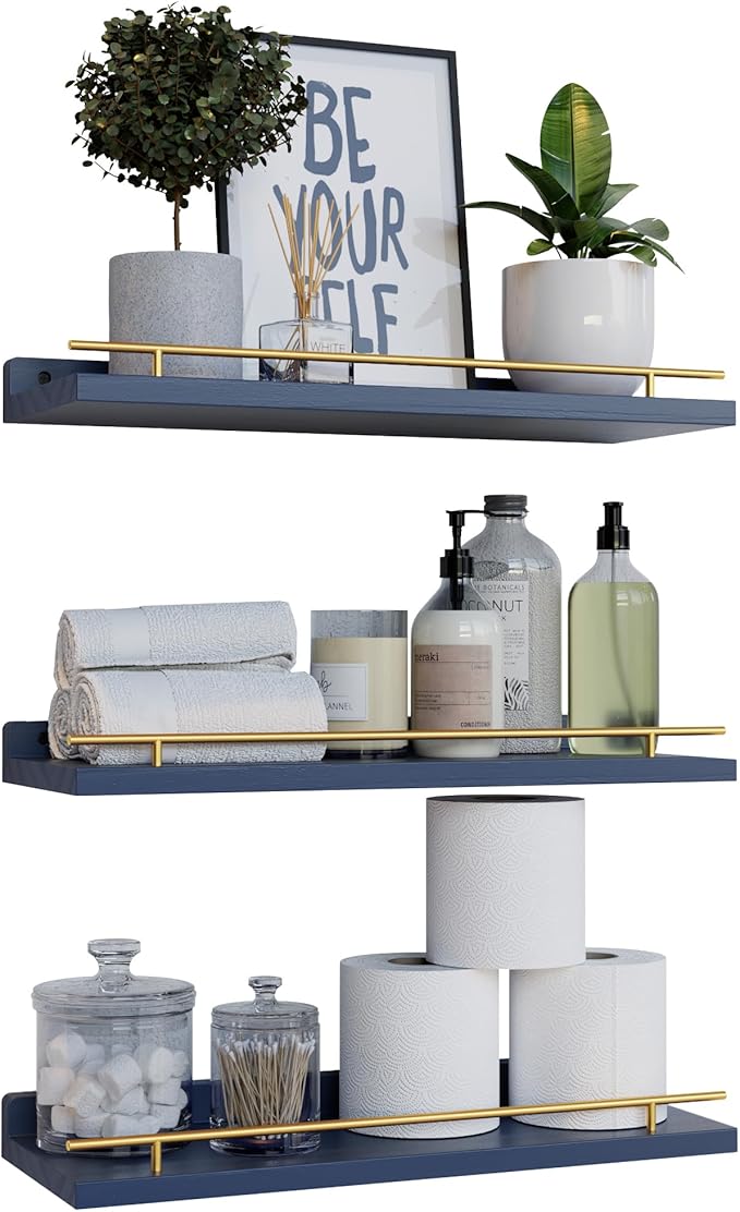 WOPITUES Floating Shelves with Gold Metal Guardrail, Shelves