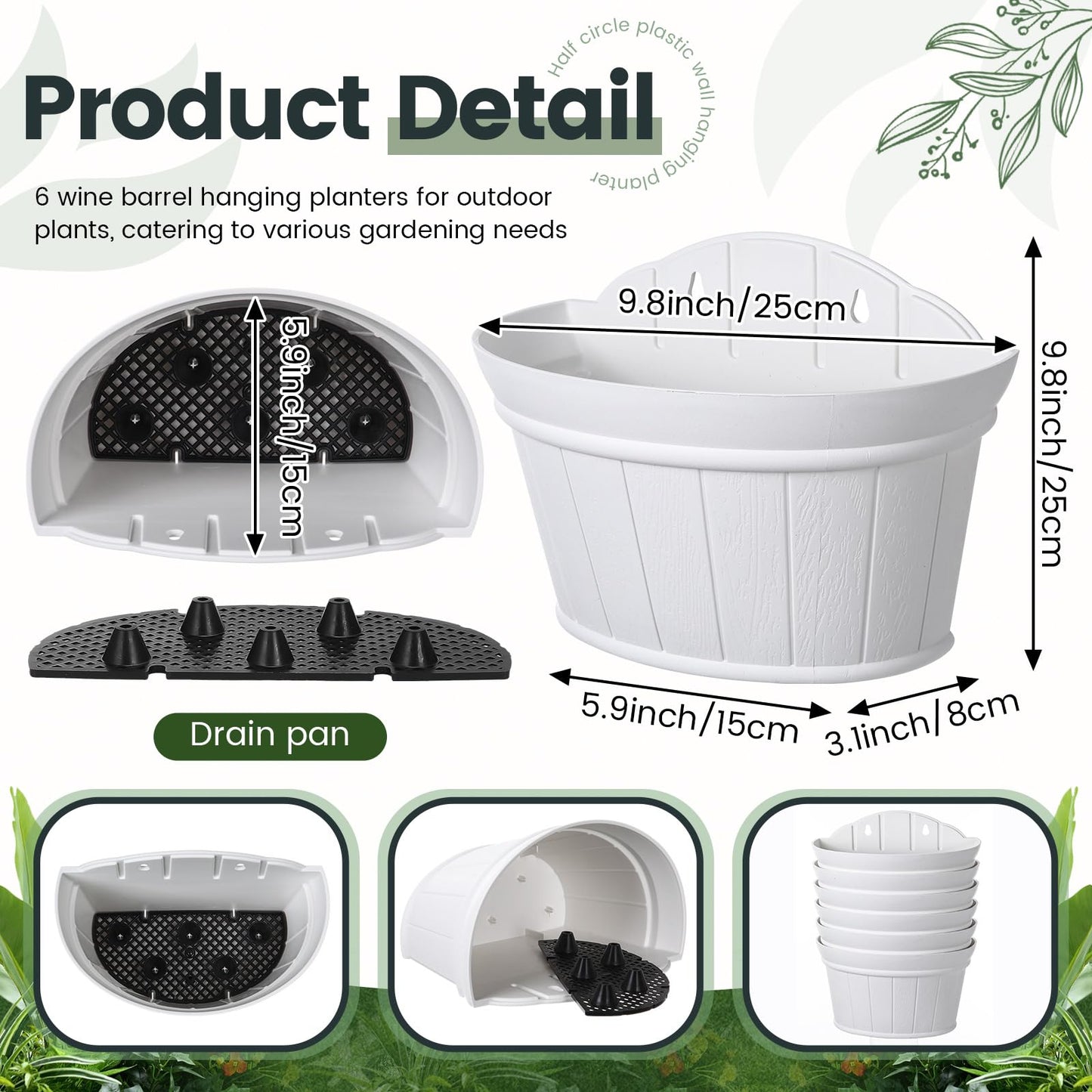 Layhit 6 Pcs Wall Hanging Planters Outdoor Pot Planter Wine Barrel Planter Distressed Oak Thickened Plastic Water Storage Flower Pots for Flower Indoor Outdoor(10 Inches,White)