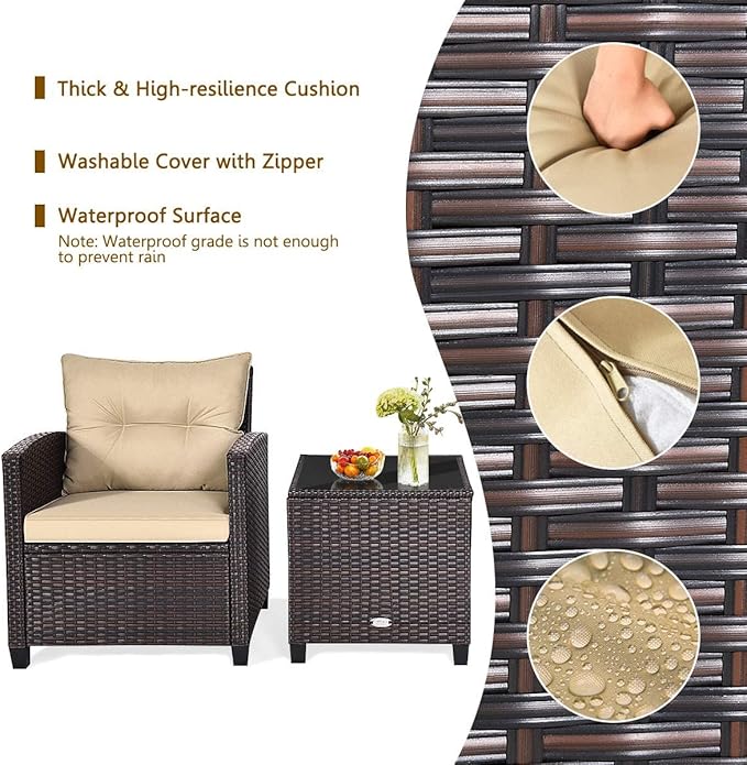 HAPPYGRILL 3 Pieces Patio Conversation Set, Outdoor Furniture Set PE Rattan