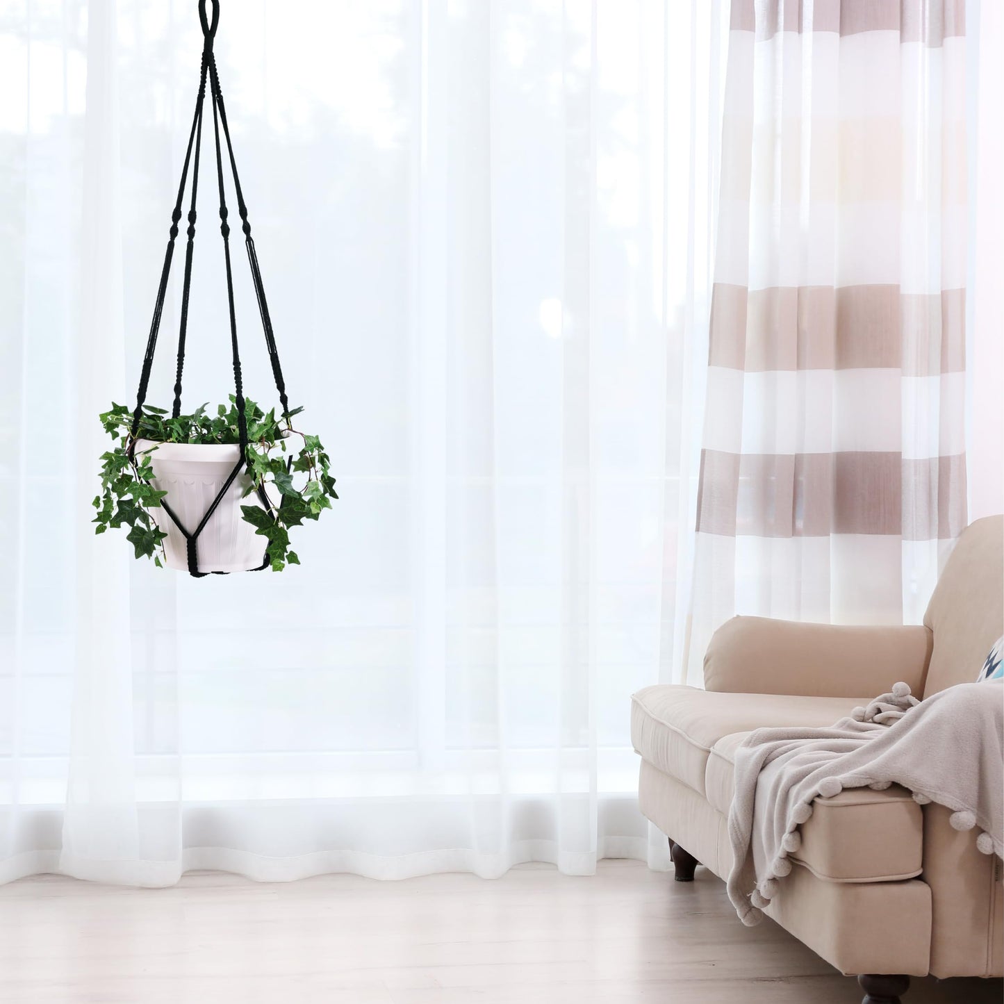 Shineloha Giant XXL 55 Inches Macrame Planter Hanger Large for 15 inch Pot + Swag Hook | Extra Large Hanging Planter for Indoor Plants | No Pot/Plant Included (XXL Black)
