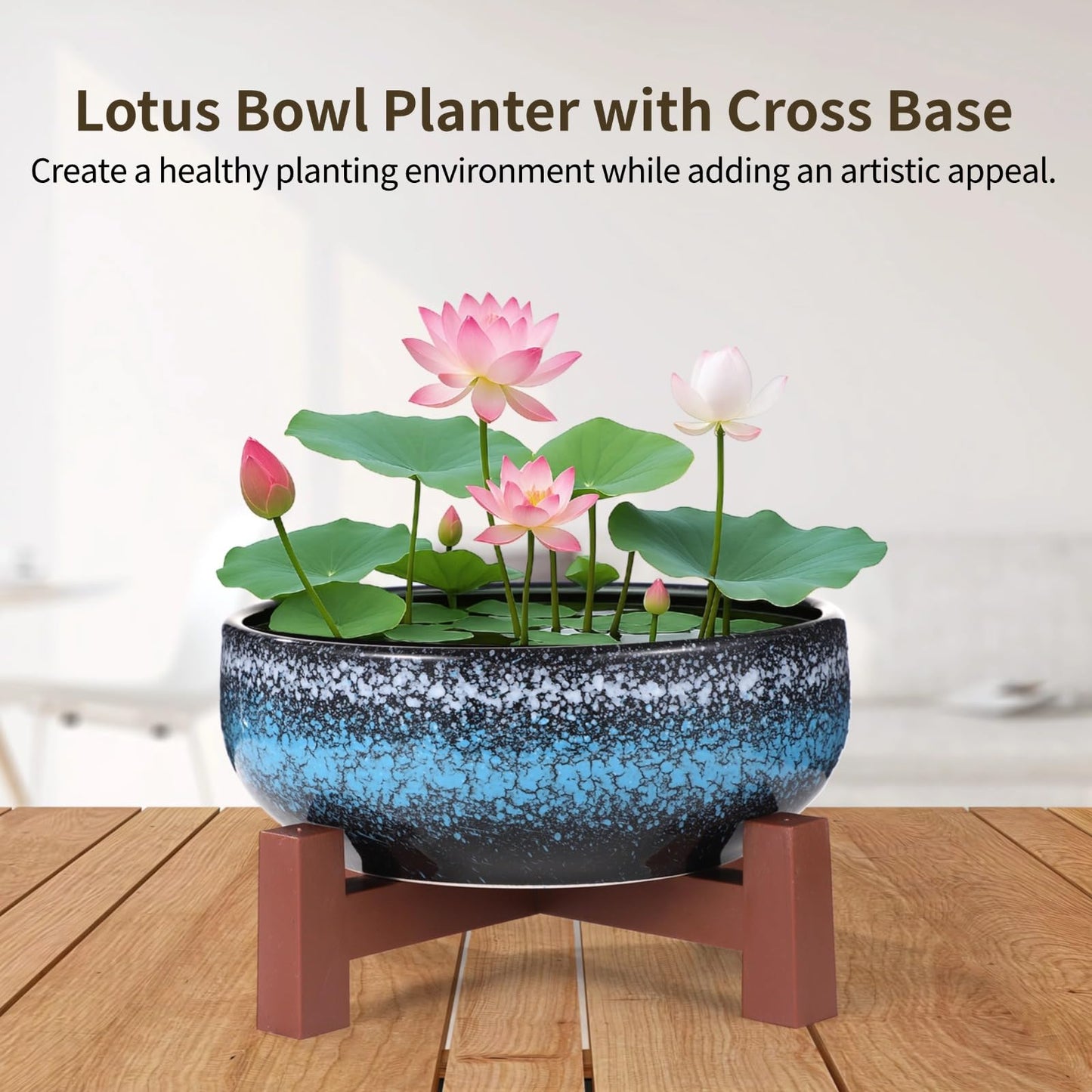 Lotus Bowl Planter with Cross Base, Ceramic Water Plant Bowl, Indoor Lotus Flower Pot with Starry Texture, Leakproof Bonsai Bowl, Hydroponic Planter for Aquatic Plants, Lilies, and Succulents