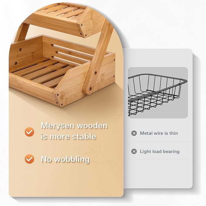 Merysen 2 Tier Fruit Basket For Kitchen- Bamboo Fruit and Vegetable Storage